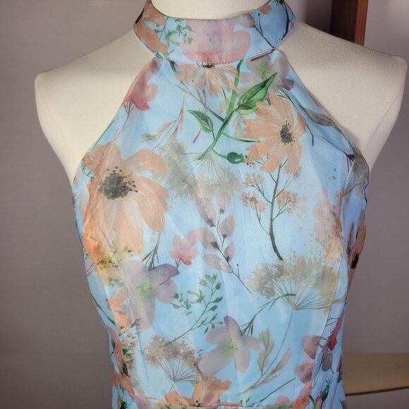 Lulus Forever Exceptional Light Blue Floral Halter Organza Maxi Dress Size M - Picture 3 of 8